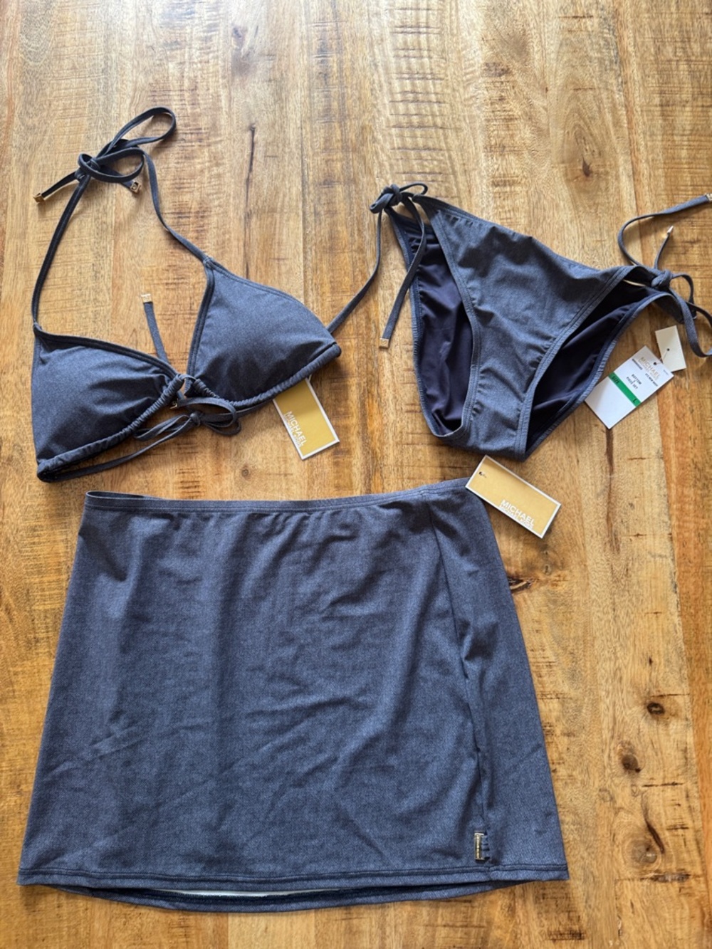 Michael Kors denim blue color 3 Three-Piece Swim set skirt bikini bra top panty